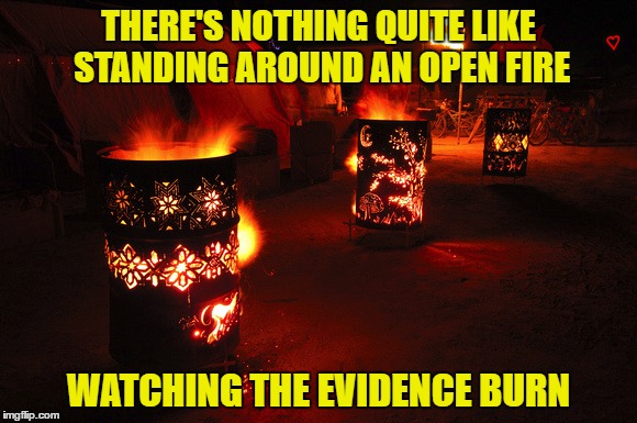 THERE'S NOTHING QUITE LIKE STANDING AROUND AN OPEN FIRE; WATCHING THE EVIDENCE BURN | image tagged in success,criminal | made w/ Imgflip meme maker