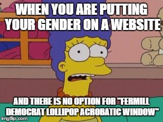 Marge Simpson | WHEN YOU ARE PUTTING YOUR GENDER ON A WEBSITE; AND THERE IS NO OPTION FOR "FERMILL DEMOCRAT LOLLIPOP ACROBATIC WINDOW" | image tagged in marge simpson | made w/ Imgflip meme maker