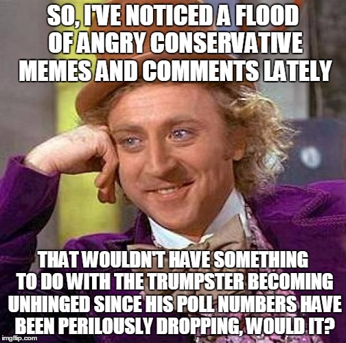 not to be too snarky - but really?!? | SO, I'VE NOTICED A FLOOD OF ANGRY CONSERVATIVE MEMES AND COMMENTS LATELY; THAT WOULDN'T HAVE SOMETHING TO DO WITH THE TRUMPSTER BECOMING UNHINGED SINCE HIS POLL NUMBERS HAVE BEEN PERILOUSLY DROPPING, WOULD IT? | image tagged in memes,creepy condescending wonka,trump,conservative,election 2016,politics | made w/ Imgflip meme maker