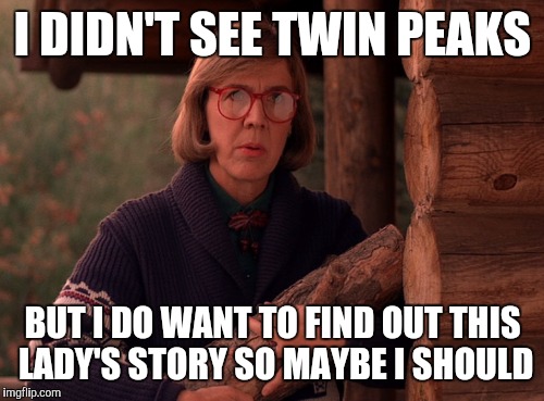 I DIDN'T SEE TWIN PEAKS BUT I DO WANT TO FIND OUT THIS LADY'S STORY SO MAYBE I SHOULD | made w/ Imgflip meme maker