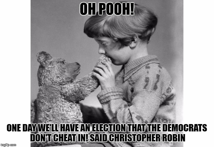 Oh Pooh | OH POOH! ONE DAY WE'LL HAVE AN ELECTION THAT THE DEMOCRATS DON'T CHEAT IN! SAID CHRISTOPHER ROBIN | image tagged in winnie the pooh,hillary clinton,donald trump,democrats,republicans | made w/ Imgflip meme maker
