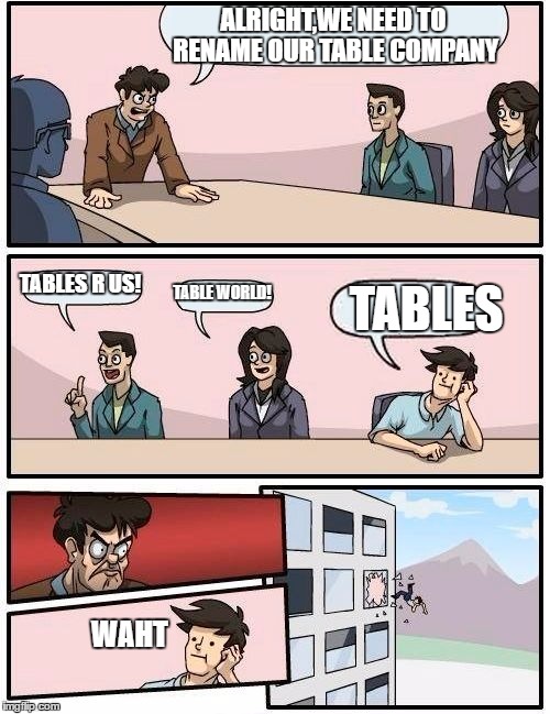 That Moment When Someone In Your Company Comes Up With A Stupid Name | ALRIGHT,WE NEED TO RENAME OUR TABLE COMPANY; TABLES R US! TABLE WORLD! TABLES; WAHT | image tagged in memes,boardroom meeting suggestion | made w/ Imgflip meme maker