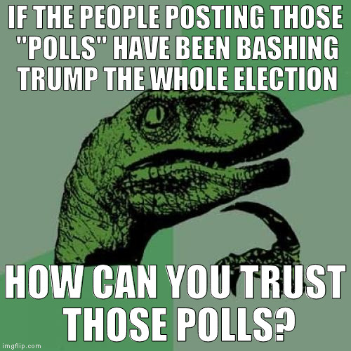 Philosoraptor Meme | IF THE PEOPLE POSTING THOSE "POLLS" HAVE BEEN BASHING TRUMP THE WHOLE ELECTION HOW CAN YOU TRUST THOSE POLLS? | image tagged in memes,philosoraptor | made w/ Imgflip meme maker