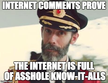 Captain Obvious | INTERNET COMMENTS PROVE; THE INTERNET IS FULL OF ASSHOLE KNOW-IT-ALLS | image tagged in captain obvious | made w/ Imgflip meme maker