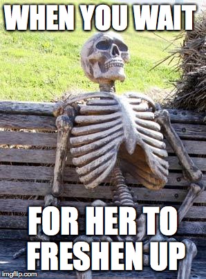 Waiting Skeleton | WHEN YOU WAIT; FOR HER TO FRESHEN UP | image tagged in memes,waiting skeleton | made w/ Imgflip meme maker