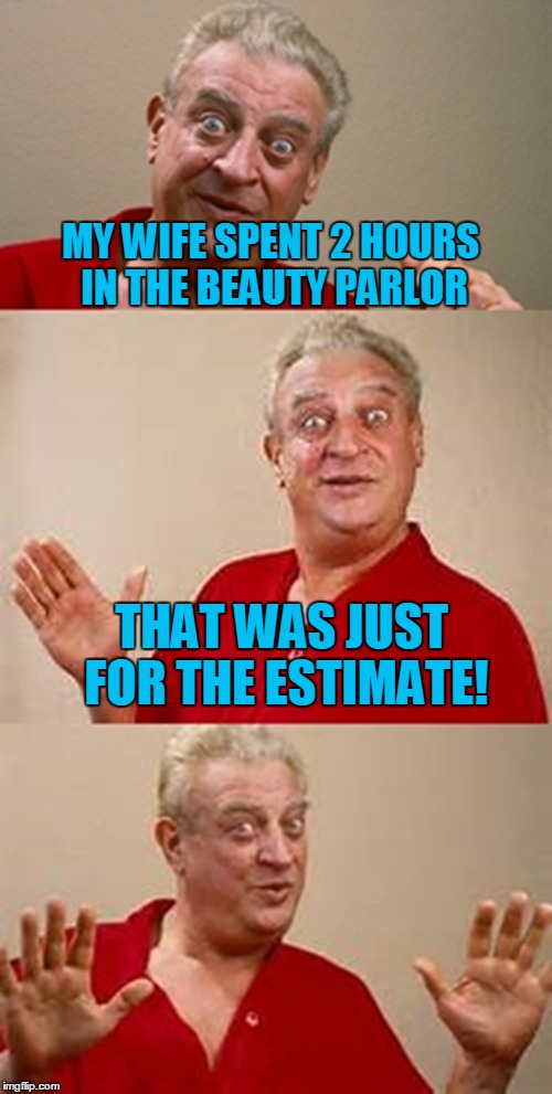 bad pun Dangerfield  | MY WIFE SPENT 2 HOURS IN THE BEAUTY PARLOR; THAT WAS JUST FOR THE ESTIMATE! | image tagged in bad pun dangerfield | made w/ Imgflip meme maker