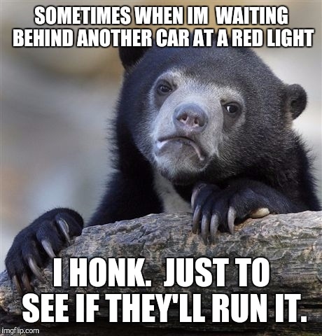 Confession Bear | SOMETIMES WHEN IM  WAITING BEHIND ANOTHER CAR AT A RED LIGHT; I HONK.  JUST TO SEE IF THEY'LL RUN IT. | image tagged in memes,confession bear | made w/ Imgflip meme maker