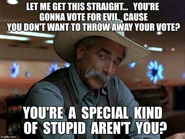 special kind of stupid | LET ME GET THIS STRAIGHT...


YOU'RE GONNA VOTE FOR EVIL,

CAUSE YOU DON'T WANT TO THROW AWAY YOUR VOTE? YOU'RE
 A 
SPECIAL 
KIND 
OF 
STUPID 
AREN'T 
YOU? | image tagged in special kind of stupid | made w/ Imgflip meme maker