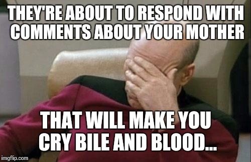 Captain Picard Facepalm Meme | THEY'RE ABOUT TO RESPOND WITH COMMENTS ABOUT YOUR MOTHER THAT WILL MAKE YOU CRY BILE AND BLOOD... | image tagged in memes,captain picard facepalm | made w/ Imgflip meme maker