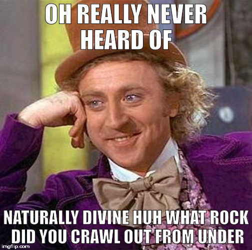 Creepy Condescending Wonka Meme | OH REALLY NEVER HEARD OF; NATURALLY DIVINE HUH WHAT ROCK DID YOU CRAWL OUT FROM UNDER | image tagged in memes,creepy condescending wonka | made w/ Imgflip meme maker