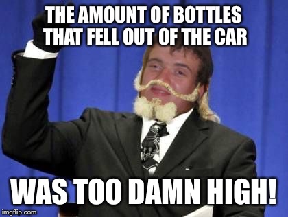 THE AMOUNT OF BOTTLES THAT FELL OUT OF THE CAR WAS TOO DAMN HIGH! | made w/ Imgflip meme maker