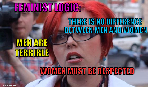 something doesn't add up   |  FEMINIST LOGIC:; THERE IS NO DIFFERENCE BETWEEN MEN AND WOMEN; MEN ARE TERRIBLE; WOMEN MUST BE RESPECTED | image tagged in angry feminist,feminism | made w/ Imgflip meme maker