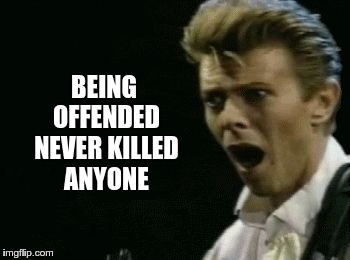 Offended David Bowie | BEING OFFENDED NEVER KILLED ANYONE | image tagged in offended david bowie | made w/ Imgflip meme maker