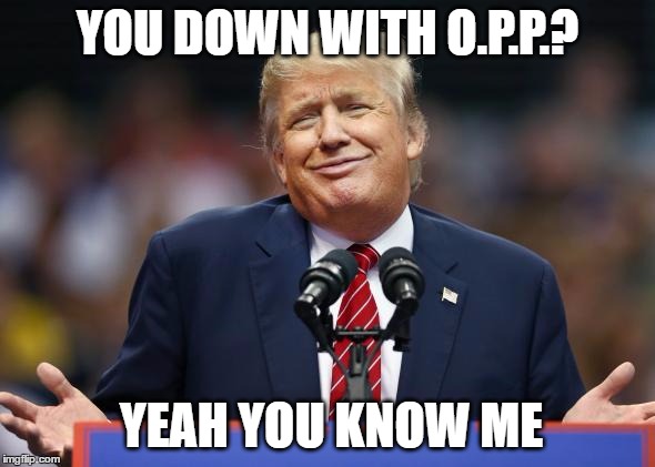 You Down With OPP? | YOU DOWN WITH O.P.P.? YEAH YOU KNOW ME | image tagged in trump,donald trump,trump grabs that pussy,nevertrump meme | made w/ Imgflip meme maker