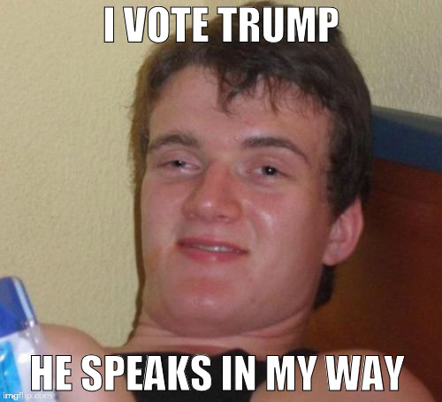 TrumP | I VOTE TRUMP; HE SPEAKS IN MY WAY | image tagged in memes,10 guy,trump,donald trump,elections,election 2016 | made w/ Imgflip meme maker