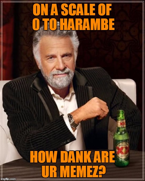 The Most Interesting Man In The World Meme | ON A SCALE OF 0 TO HARAMBE HOW DANK ARE UR MEMEZ? | image tagged in memes,the most interesting man in the world | made w/ Imgflip meme maker
