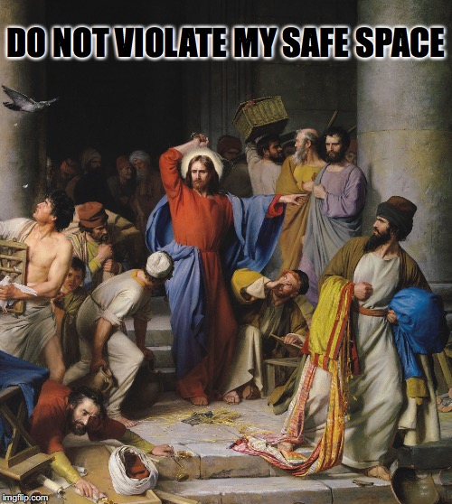 Jesus In The Temple | DO NOT VIOLATE MY SAFE SPACE | image tagged in angry jesus,safe space,corruption | made w/ Imgflip meme maker