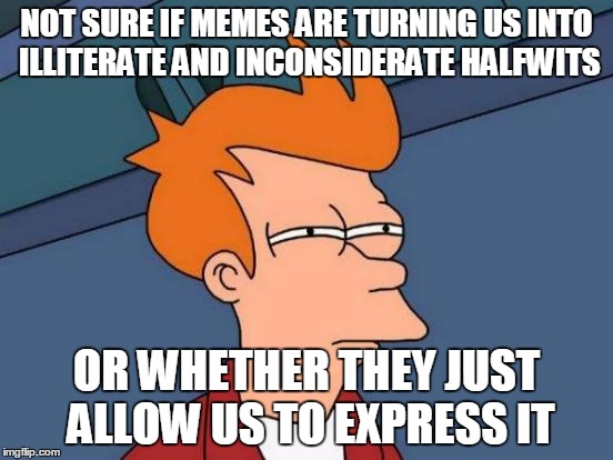 Futurama Fry Meme | NOT SURE IF MEMES ARE TURNING US INTO ILLITERATE AND INCONSIDERATE HALFWITS OR WHETHER THEY JUST ALLOW US TO EXPRESS IT | image tagged in memes,futurama fry | made w/ Imgflip meme maker