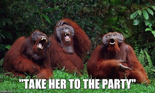 "TAKE HER TO THE PARTY" | image tagged in laughing orangutans | made w/ Imgflip meme maker