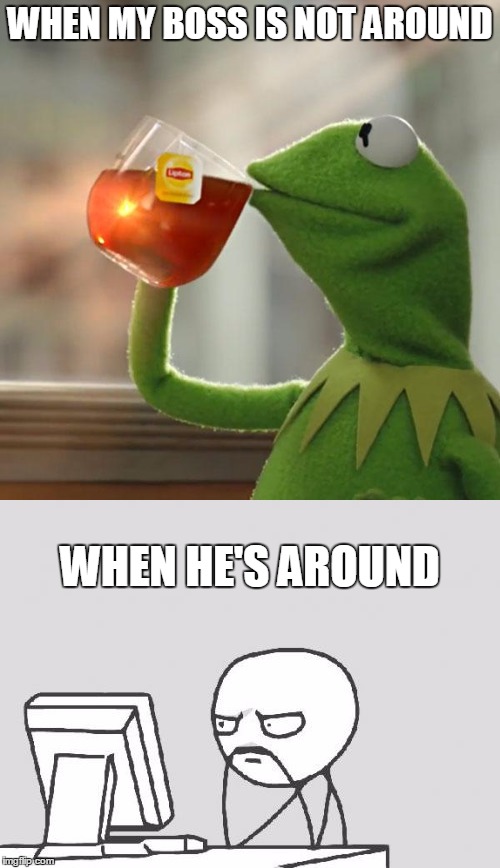 Me at work | WHEN MY BOSS IS NOT AROUND; WHEN HE'S AROUND | image tagged in computer guy,but thats none of my business | made w/ Imgflip meme maker