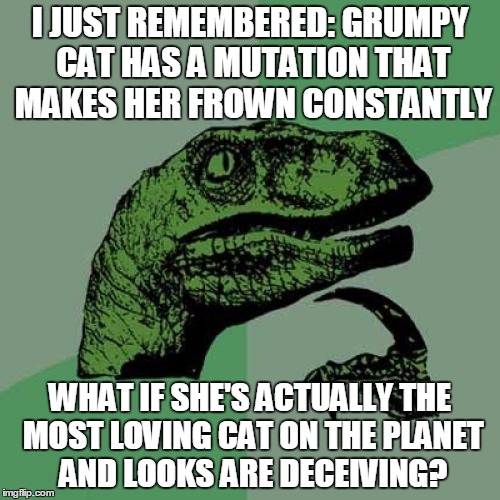 Philosoraptor | I JUST REMEMBERED: GRUMPY CAT HAS A MUTATION THAT MAKES HER FROWN CONSTANTLY; WHAT IF SHE'S ACTUALLY THE MOST LOVING CAT ON THE PLANET AND LOOKS ARE DECEIVING? | image tagged in memes,philosoraptor | made w/ Imgflip meme maker