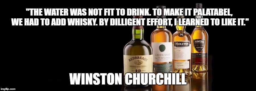 whisky | "THE WATER WAS NOT FIT TO DRINK. TO MAKE IT PALATABEL, WE HAD TO ADD WHISKY. BY DILLIGENT EFFORT, I LEARNED TO LIKE IT."; WINSTON CHURCHILL | image tagged in whisky | made w/ Imgflip meme maker