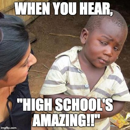 Third World Skeptical Kid | WHEN YOU HEAR, "HIGH SCHOOL'S AMAZING!!" | image tagged in memes,third world skeptical kid | made w/ Imgflip meme maker