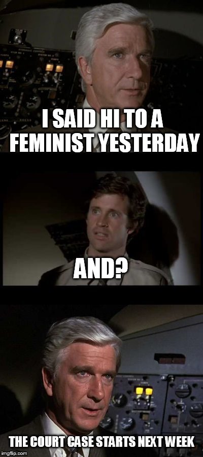 Airplane | I SAID HI TO A FEMINIST YESTERDAY THE COURT CASE STARTS NEXT WEEK AND? | image tagged in airplane | made w/ Imgflip meme maker