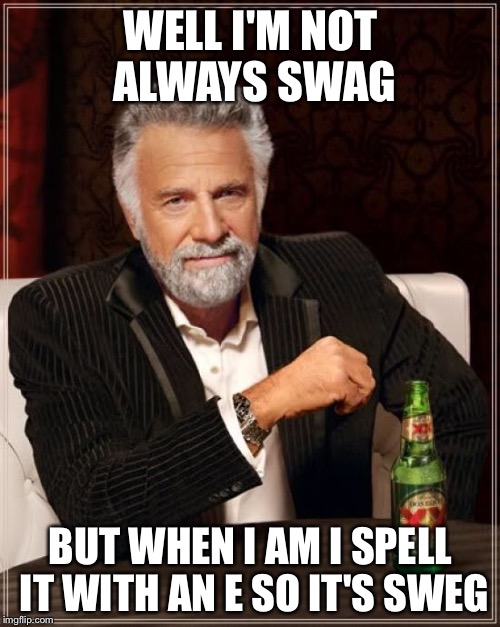 The Most Interesting Man In The World Meme | WELL I'M NOT ALWAYS SWAG BUT WHEN I AM I SPELL IT WITH AN E SO IT'S SWEG | image tagged in memes,the most interesting man in the world | made w/ Imgflip meme maker