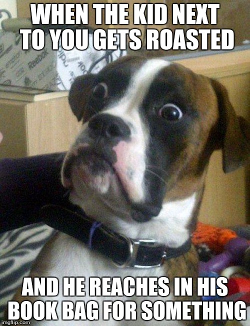 Blankie the Shocked Dog | WHEN THE KID NEXT TO YOU GETS ROASTED; AND HE REACHES IN HIS BOOK BAG FOR SOMETHING | image tagged in blankie the shocked dog | made w/ Imgflip meme maker
