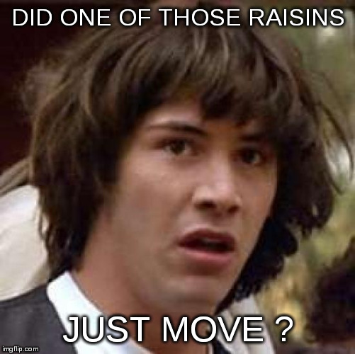Conspiracy Keanu Meme | DID ONE OF THOSE RAISINS JUST MOVE ? | image tagged in memes,conspiracy keanu | made w/ Imgflip meme maker