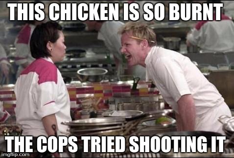 Angry Chef Gordon Ramsay Meme | THIS CHICKEN IS SO BURNT; THE COPS TRIED SHOOTING IT | image tagged in memes,angry chef gordon ramsay | made w/ Imgflip meme maker