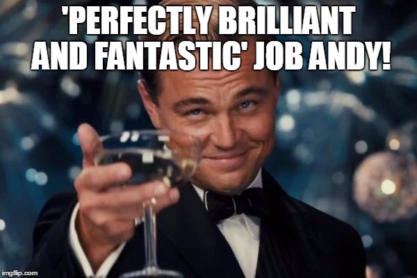 Leonardo Dicaprio Cheers Meme | 'PERFECTLY BRILLIANT AND FANTASTIC' JOB ANDY! | image tagged in memes,leonardo dicaprio cheers | made w/ Imgflip meme maker