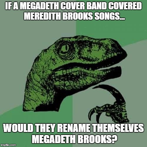 Philosoraptor | IF A MEGADETH COVER BAND COVERED MEREDITH BROOKS SONGS... WOULD THEY RENAME THEMSELVES MEGADETH BROOKS? | image tagged in memes,philosoraptor | made w/ Imgflip meme maker