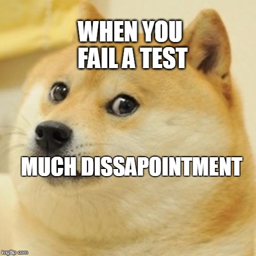 Doge | WHEN YOU FAIL A TEST; MUCH DISSAPOINTMENT | image tagged in memes,doge | made w/ Imgflip meme maker