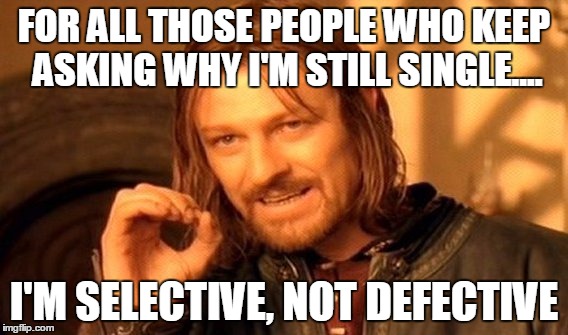 One Does Not Simply | FOR ALL THOSE PEOPLE WHO KEEP ASKING WHY I'M STILL SINGLE.... I'M SELECTIVE, NOT DEFECTIVE | image tagged in memes,one does not simply | made w/ Imgflip meme maker