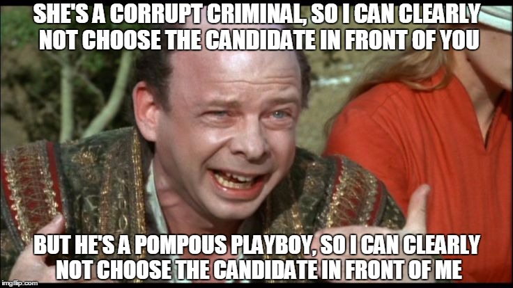 Princess Bride Sicilian | SHE'S A CORRUPT CRIMINAL, SO I CAN CLEARLY NOT CHOOSE THE CANDIDATE IN FRONT OF YOU; BUT HE'S A POMPOUS PLAYBOY, SO I CAN CLEARLY NOT CHOOSE THE CANDIDATE IN FRONT OF ME | image tagged in princess bride sicilian | made w/ Imgflip meme maker