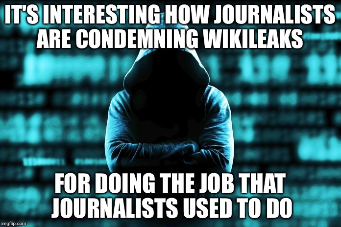 wikileaks | IT'S INTERESTING HOW JOURNALISTS ARE CONDEMNING WIKILEAKS; FOR DOING THE JOB THAT JOURNALISTS USED TO DO | image tagged in wikileaks,media bias | made w/ Imgflip meme maker