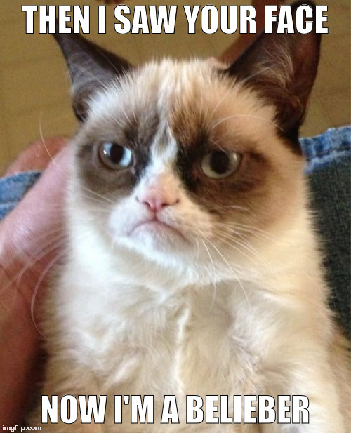 Grumpy Cat Meme | THEN I SAW YOUR FACE NOW I'M A BELIEBER | image tagged in memes,grumpy cat | made w/ Imgflip meme maker