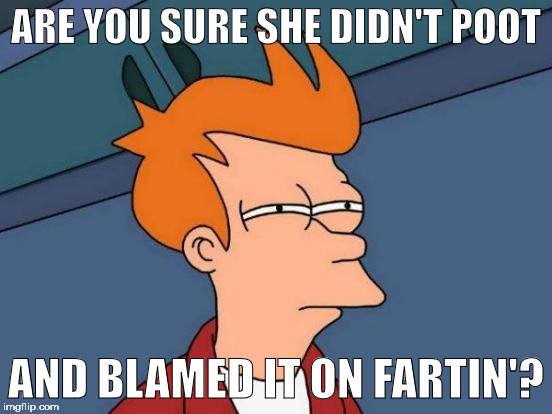 Futurama Fry Meme | ARE YOU SURE SHE DIDN'T POOT AND BLAMED IT ON FARTIN'? | image tagged in memes,futurama fry | made w/ Imgflip meme maker