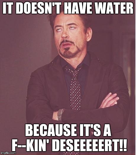 Face You Make Robert Downey Jr Meme | IT DOESN'T HAVE WATER BECAUSE IT'S A F--KIN' DESEEEEERT!! | image tagged in memes,face you make robert downey jr | made w/ Imgflip meme maker