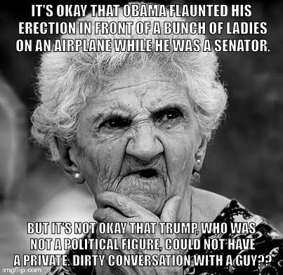 Skeptical Old Lady | IT'S OKAY THAT OBAMA FLAUNTED HIS ERECTION IN FRONT OF A BUNCH OF LADIES ON AN AIRPLANE WHILE HE WAS A SENATOR, BUT IT'S NOT OKAY THAT TRUMP, WHO WAS NOT A POLITICAL FIGURE, COULD NOT HAVE A PRIVATE, DIRTY CONVERSATION WITH A GUY?? | image tagged in skeptical old lady | made w/ Imgflip meme maker