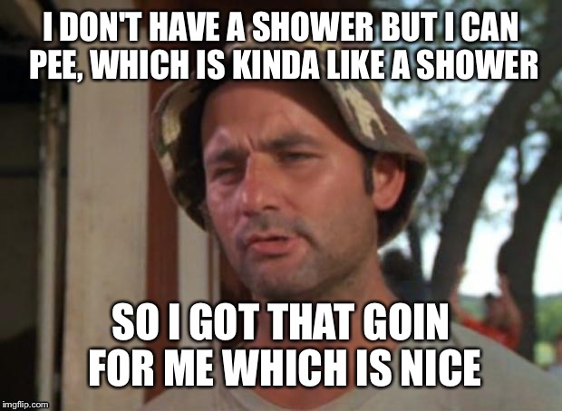 Nice | I DON'T HAVE A SHOWER BUT I CAN PEE, WHICH IS KINDA LIKE A SHOWER SO I GOT THAT GOIN FOR ME WHICH IS NICE | image tagged in nice | made w/ Imgflip meme maker