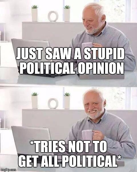 Or someone may be triggered | JUST SAW A STUPID POLITICAL OPINION; *TRIES NOT TO GET ALL POLITICAL* | image tagged in memes,hide the pain harold,politics | made w/ Imgflip meme maker