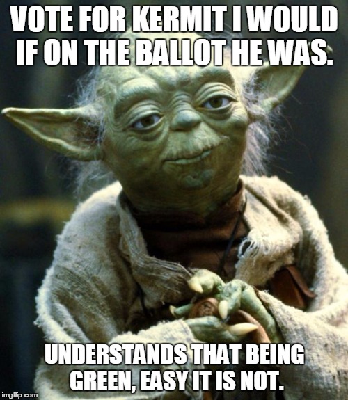 We're all looking for better candidates... | VOTE FOR KERMIT I WOULD IF ON THE BALLOT HE WAS. UNDERSTANDS THAT BEING GREEN, EASY IT IS NOT. | image tagged in memes,star wars yoda,kermit 2016 | made w/ Imgflip meme maker