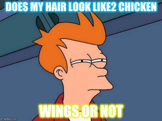 Futurama Fry Meme | DOES MY HAIR LOOK LIKE2 CHICKEN; WINGS OR NOT | image tagged in memes,futurama fry | made w/ Imgflip meme maker