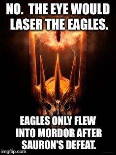 NO.  THE EYE WOULD LASER THE EAGLES. EAGLES ONLY FLEW INTO MORDOR AFTER SAURON'S DEFEAT. | made w/ Imgflip meme maker
