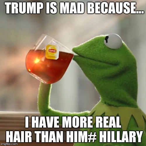 But That's None Of My Business Meme | TRUMP IS MAD BECAUSE... I HAVE MORE REAL HAIR THAN HIM# HILLARY | image tagged in memes,but thats none of my business,kermit the frog | made w/ Imgflip meme maker