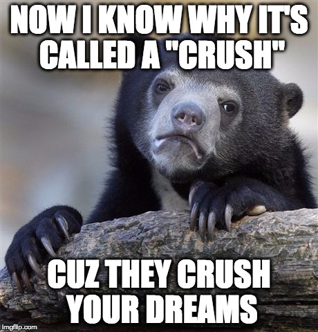 Forever Alone |  NOW I KNOW WHY IT'S CALLED A "CRUSH"; CUZ THEY CRUSH YOUR DREAMS | image tagged in memes,confession bear,forever alone,sad,crush,bae | made w/ Imgflip meme maker