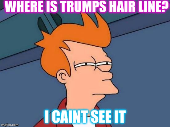 Futurama Fry | WHERE IS TRUMPS HAIR LINE? I CAINT SEE IT | image tagged in memes,futurama fry | made w/ Imgflip meme maker